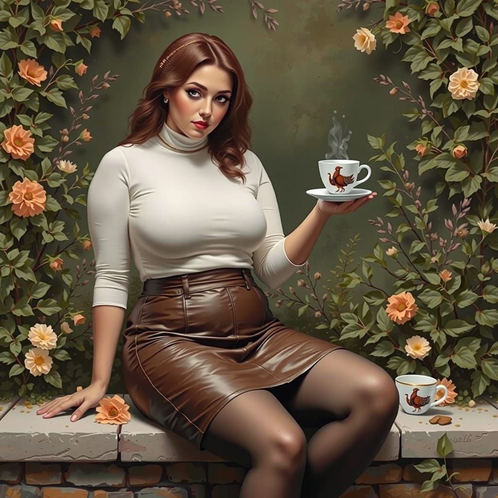 Woman Enjoys Coffee in Garden with Pheasant, Painterly Style