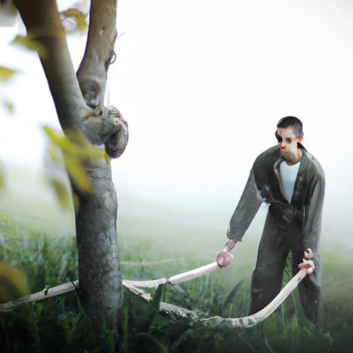 Man with Rope Under Tree in Fog