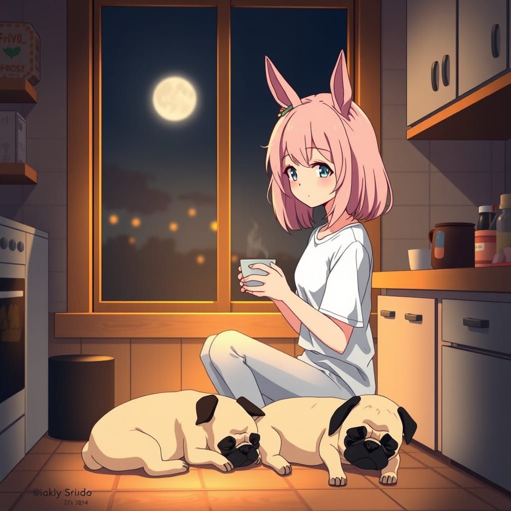 Whimsical Anime Girl in Cozy Kitchen with Soft Lighting