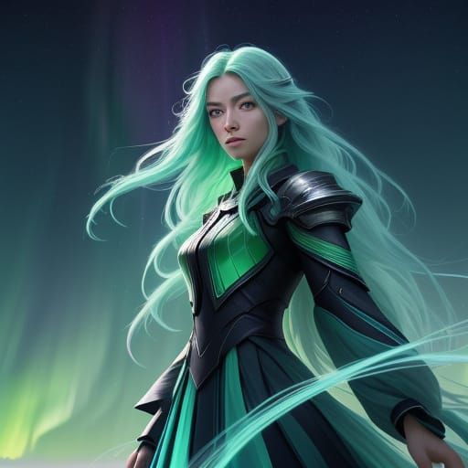 Girl Gazes at Vibrant Aurora Borealis