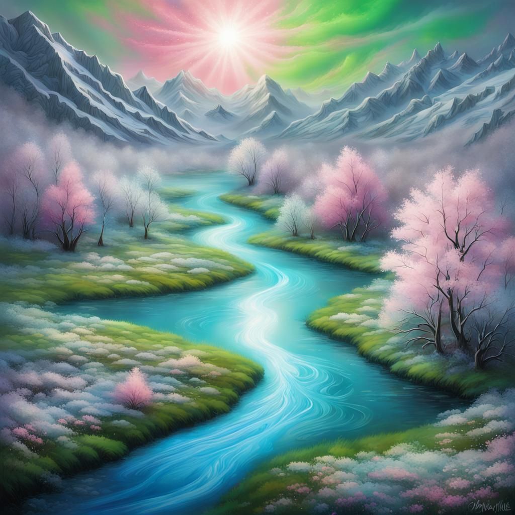 Ethereal Glowing River in Spring Landscape
