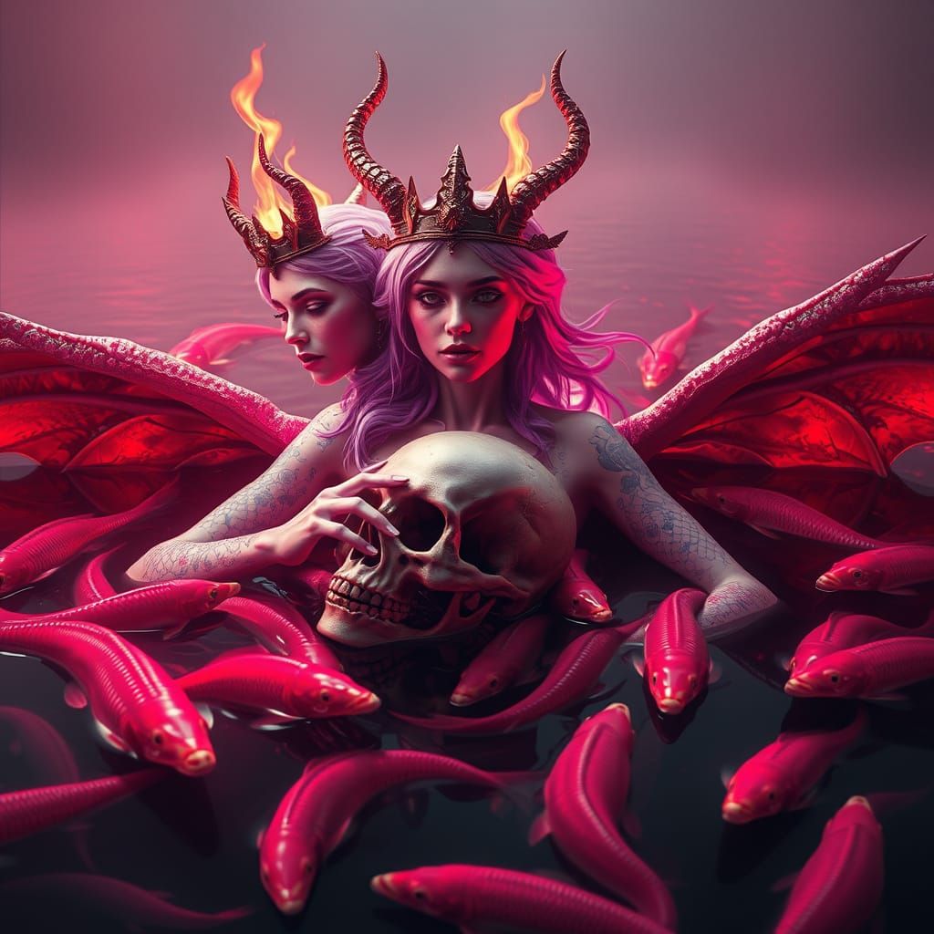 Three-Headed Woman with Skull in Dramatic Digital Painting