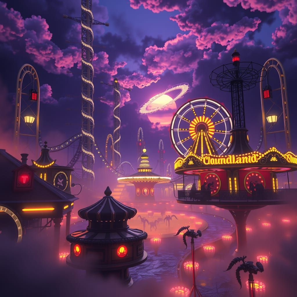 Foreboding Amusement Park in Neon Lights
