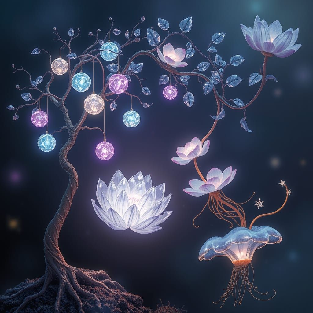 Ethereal Tree of Luminous Orbs in Celestial Dance