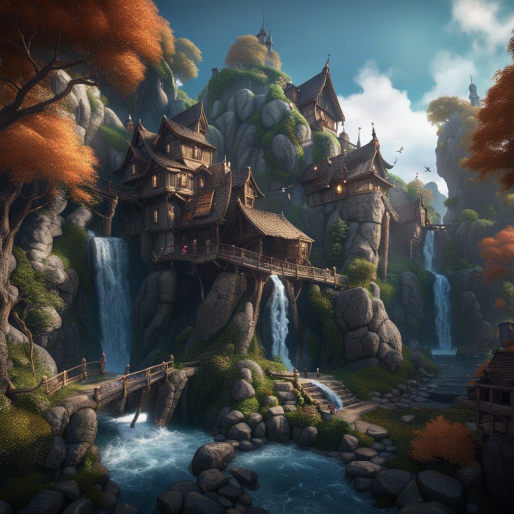 Fantasy Village with Waterfall in Detailed Matte Painting