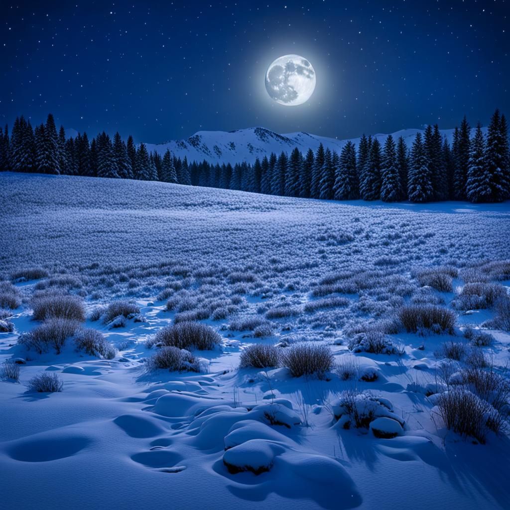 Snowy Meadow at Night with Setting Moon