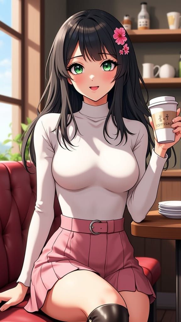 Anime Woman Laughing in Cozy Coffee Shop