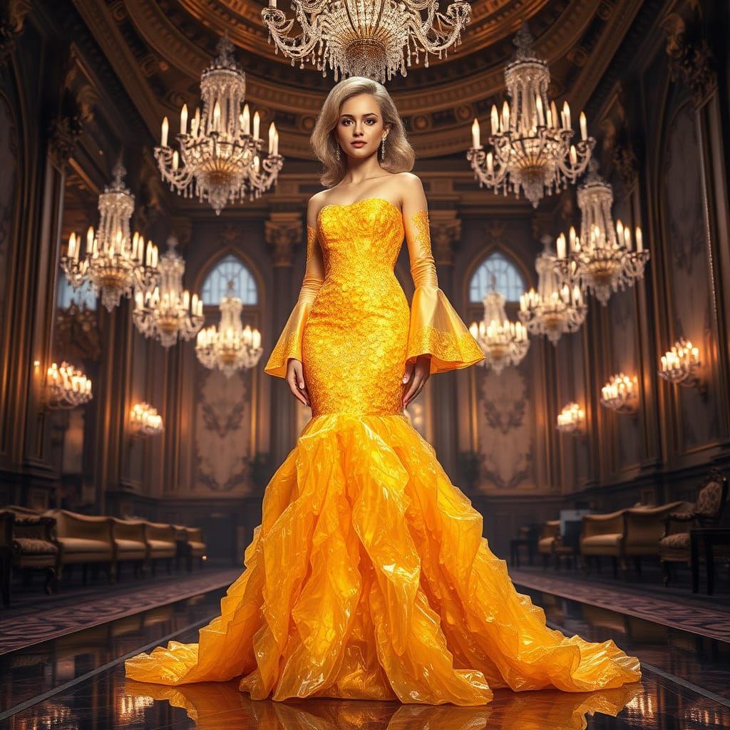 Crystalline Gown in Opulent Ballroom, Hyperrealistic HDR