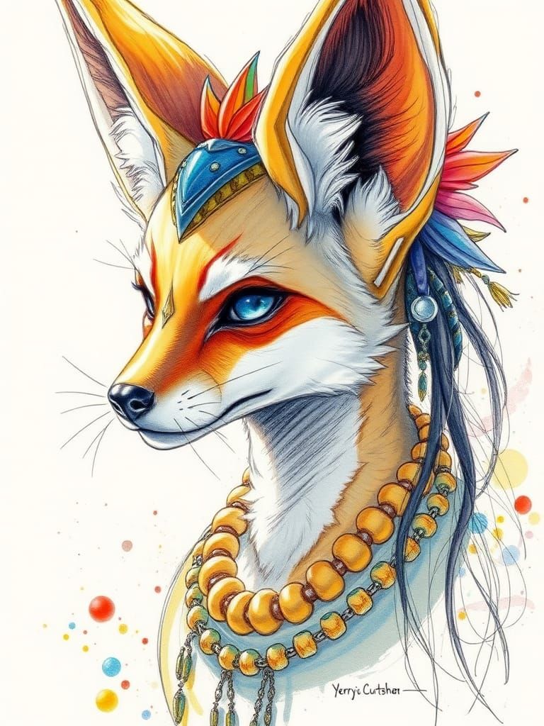 Solarpunk Fennec Portrait in Anime Sketch Style