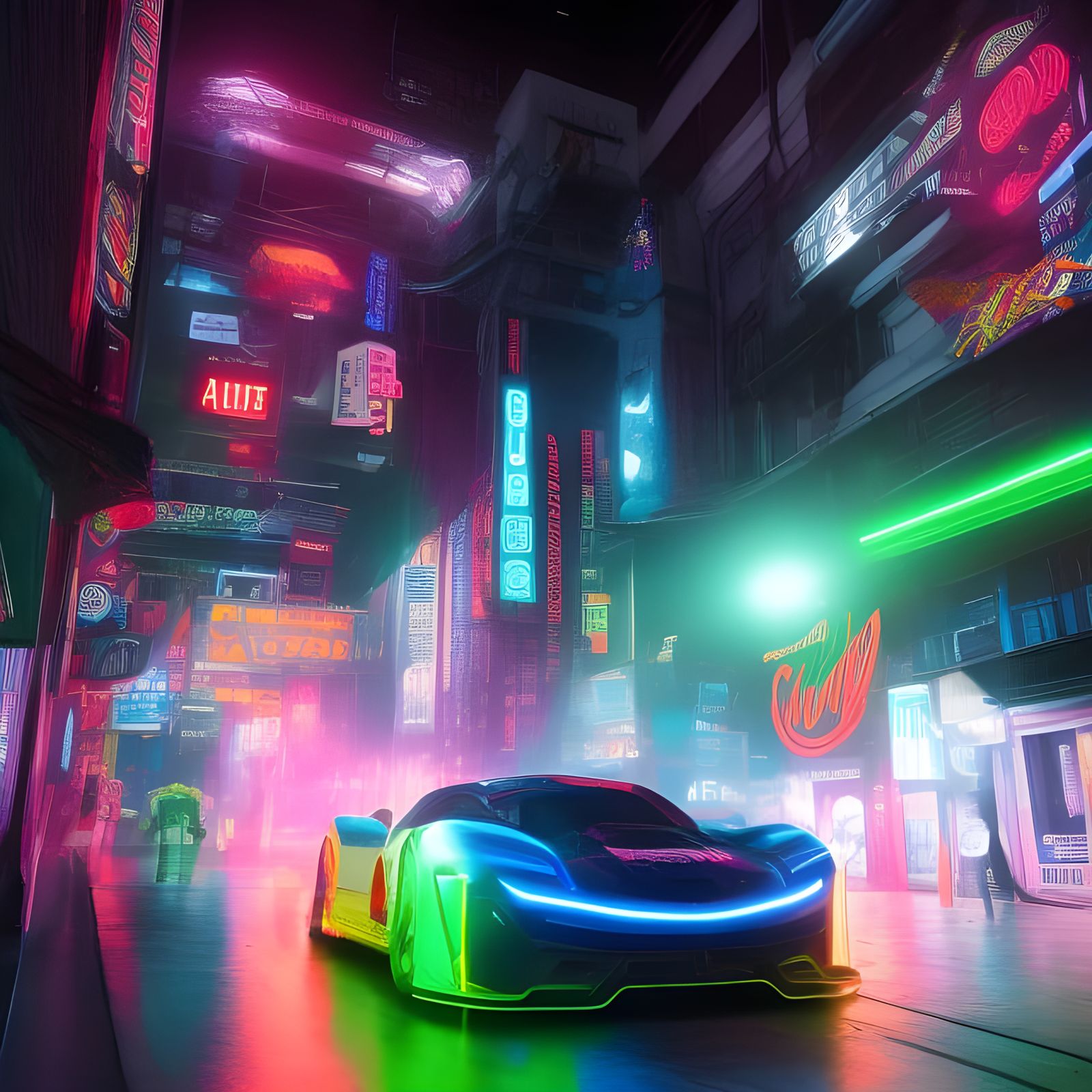 Neon Race Cars in Shibuya: Photorealistic Artgerm Style