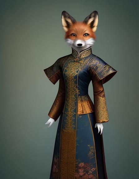 Steampunk Fox in Ao Dai: Anthropomorphic Art