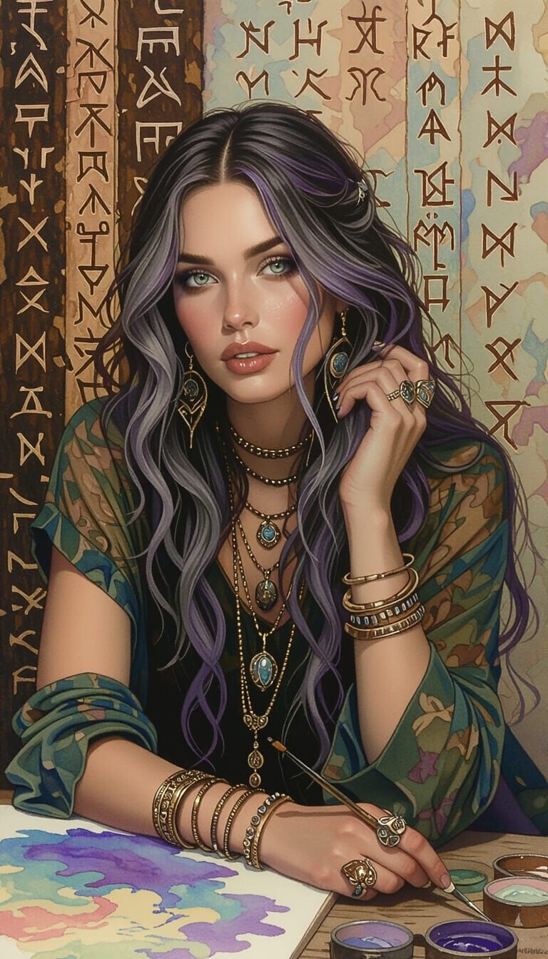 Artist Focused on Canvas in Ethereal Watercolor Style