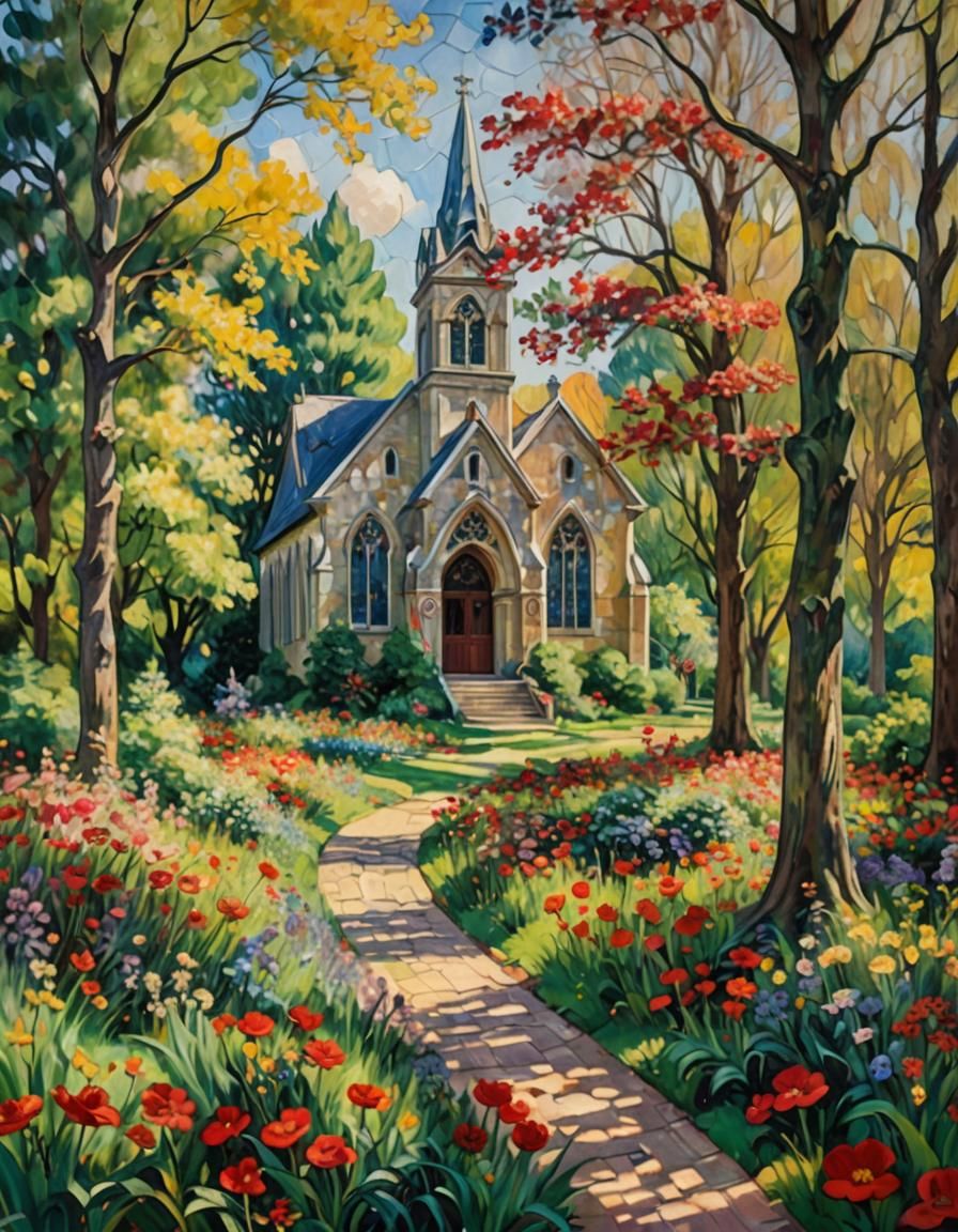 Impressionistic Country Church with Red Buttercup