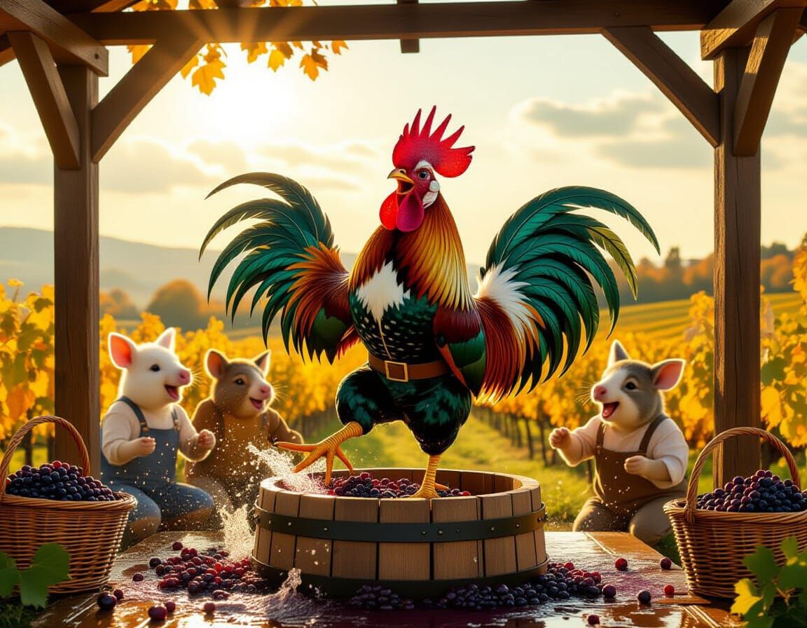 Rooster Farmer Celebrates Autumn Harvest Making Wine