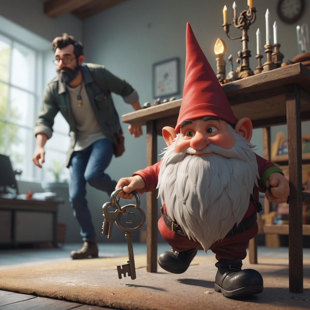 Gnome Stealing Keys: Pixar-Style 3D Art