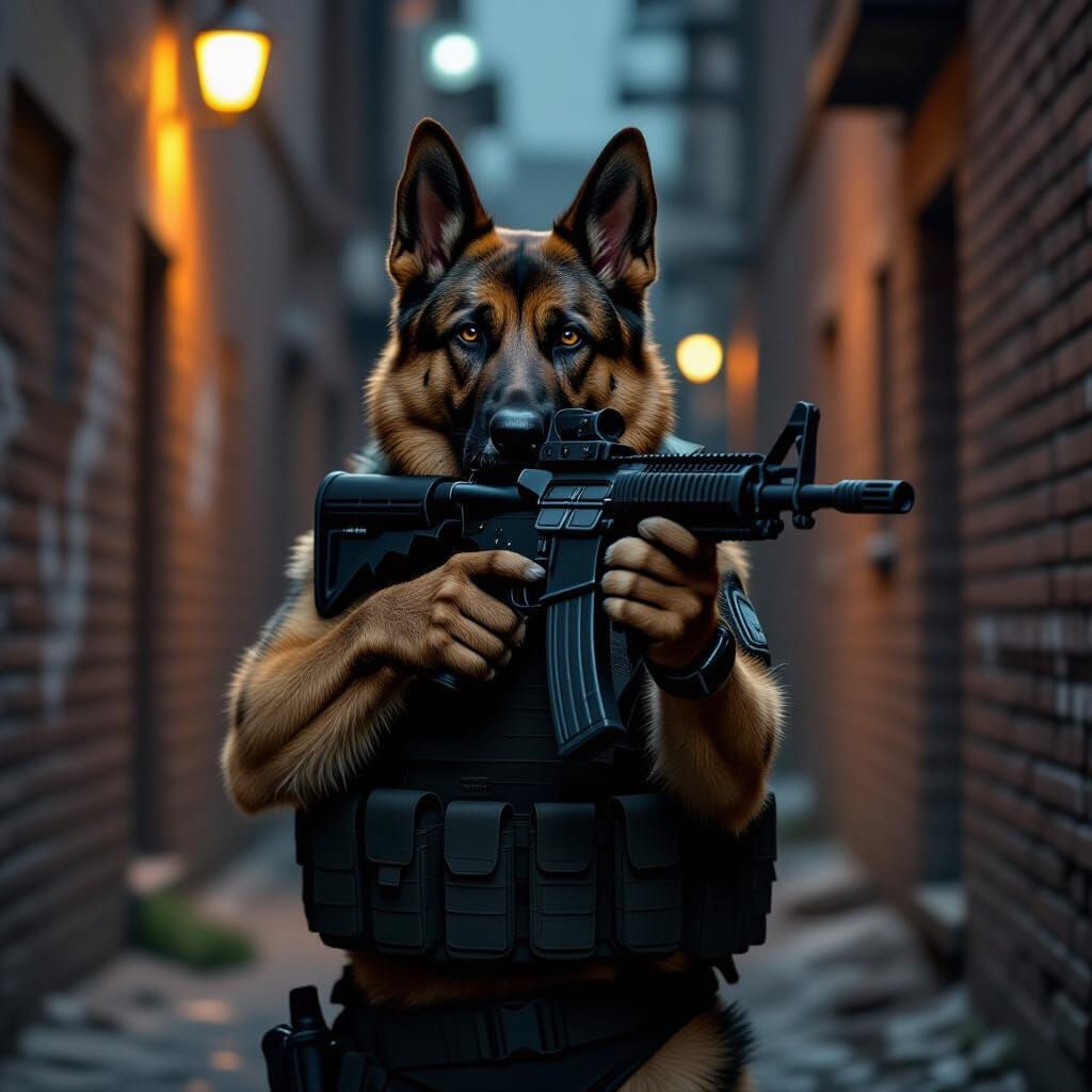 German Shepherd Aiming AK-47 in Urban Alley