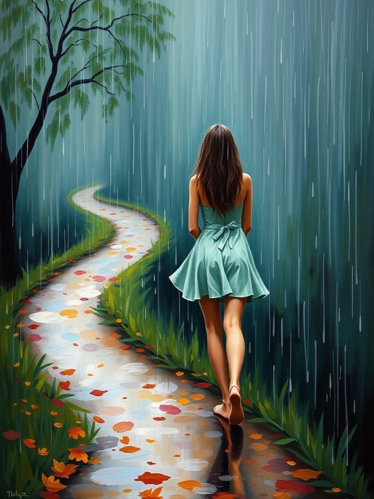 Flux Painting: Woman Walks Barefoot on Winding Rainy Path