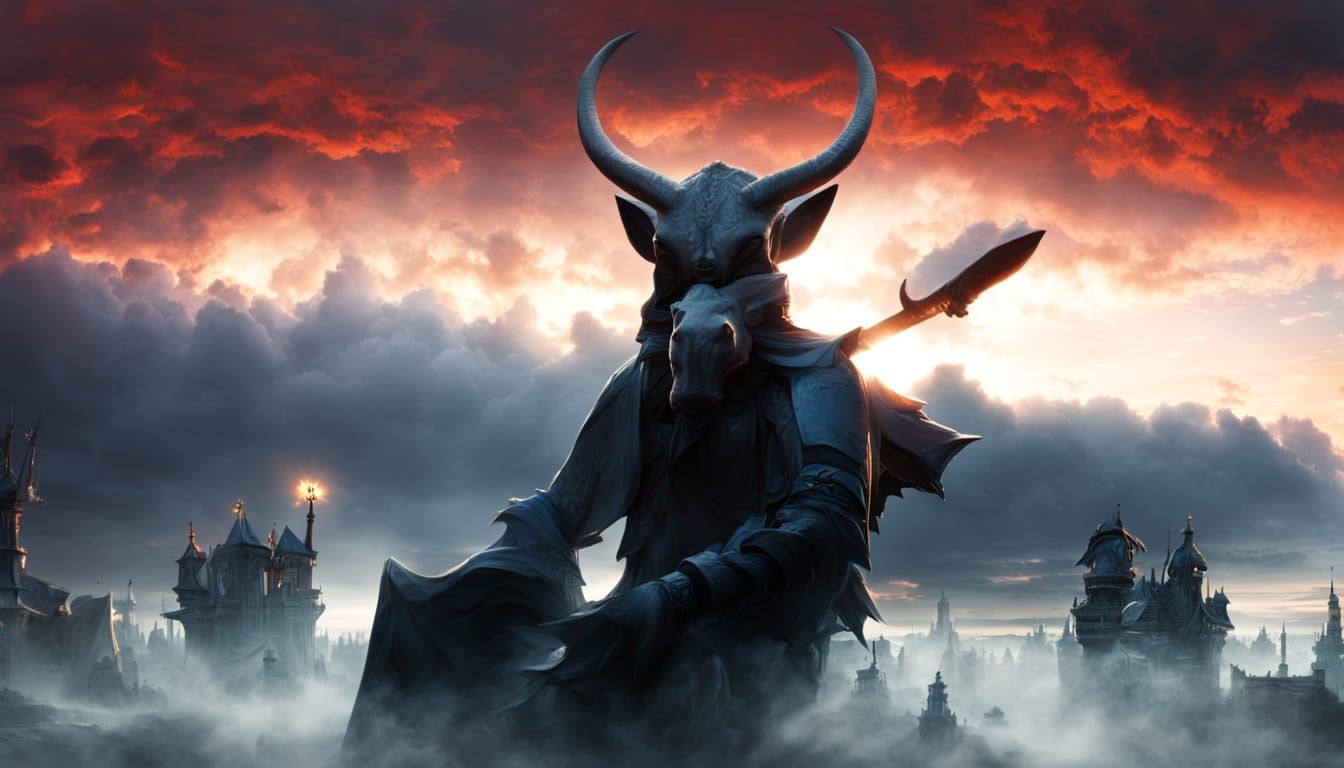 Surrealist Portrait of Satan with Pig Snout in Red Sky