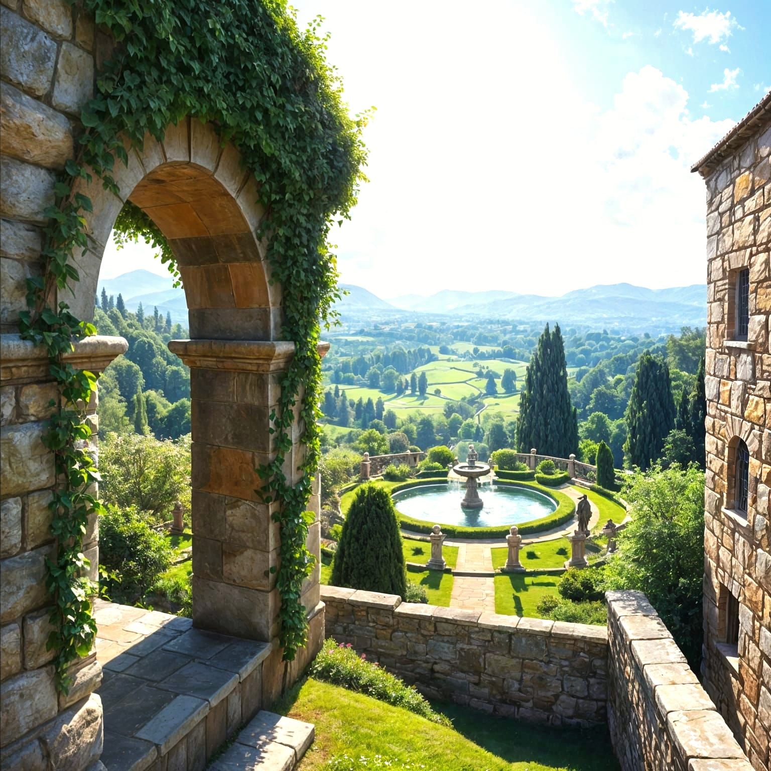 Ivy-Covered Archway Overlooking Sunlit Gardens