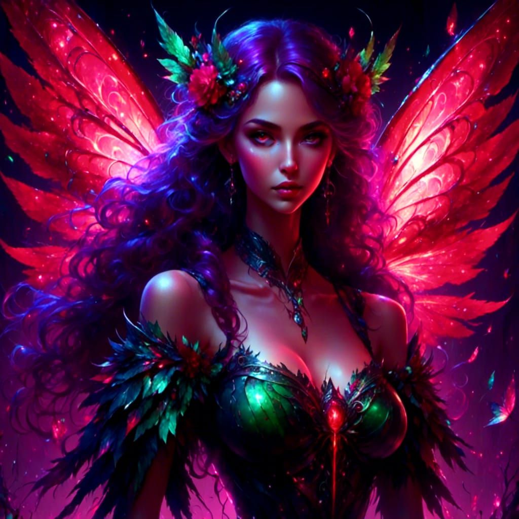 <lora:GlitchV1:1.0> Female winged fairy. Red, green and purple <lora:Glowing Runes:1.0>