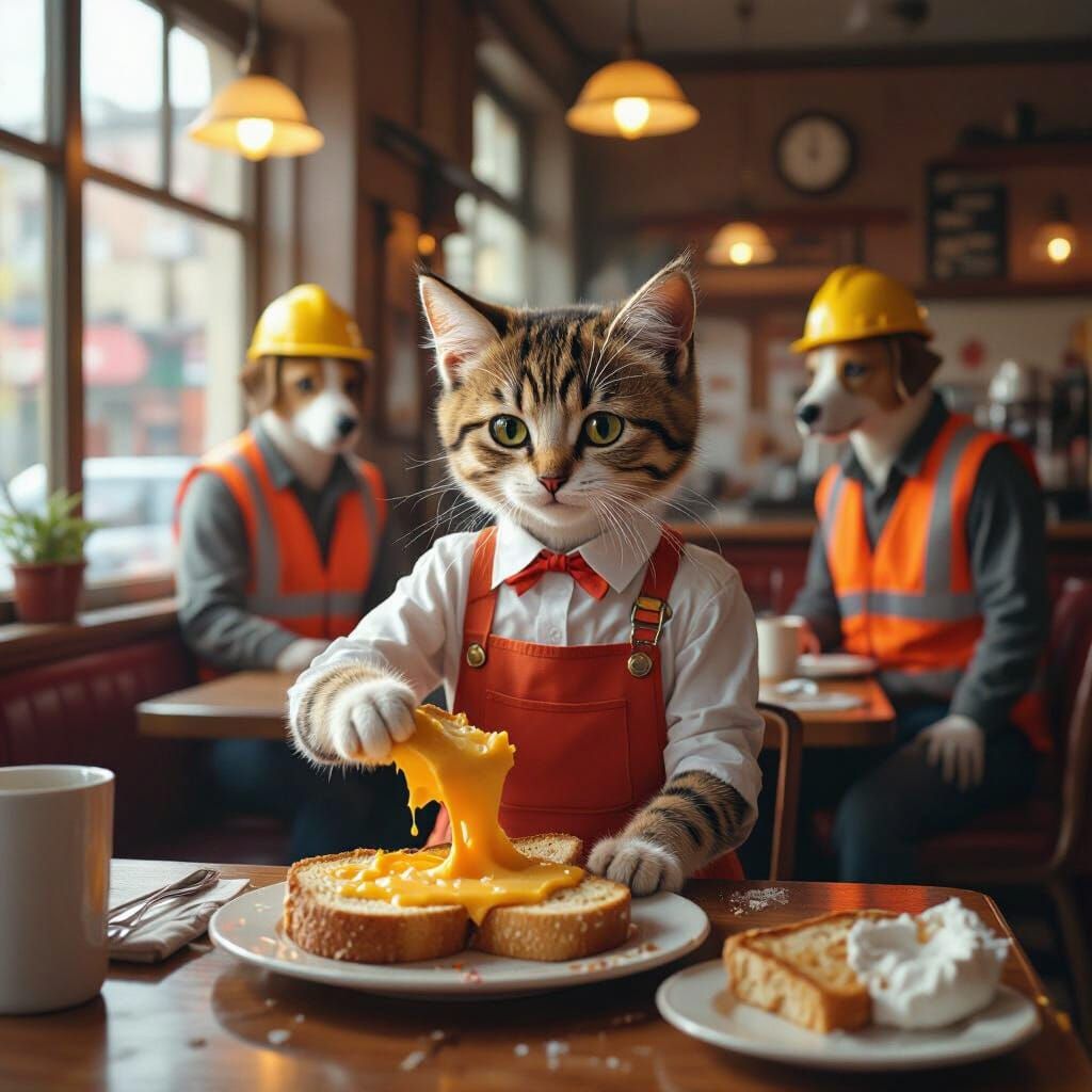 Kitten Waitress Drops Cheese Toast Watched by Dog Builders