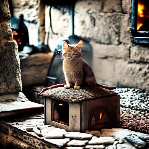 Kitten Comfort: A Cozy Cottage Fire Photo