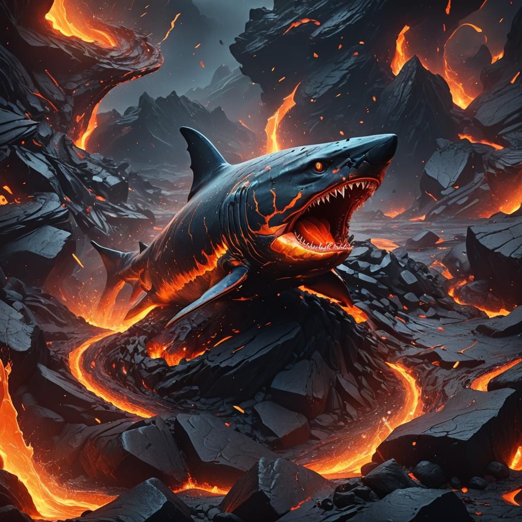 Majestic Lava Shark Emerging from Molten Vortex