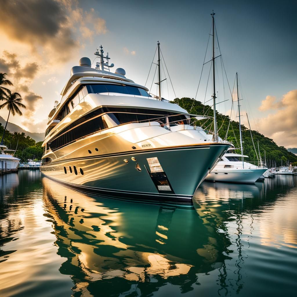 Luxurious Yacht in Tropical Harbor: HDR Marine Photography