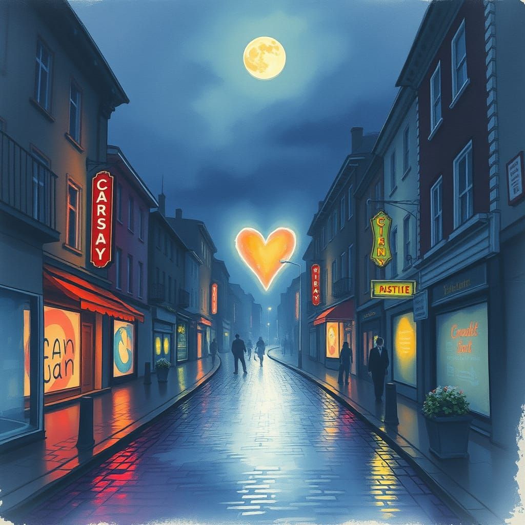 Melancholic Watercolor Cityscape with Ethereal Heart