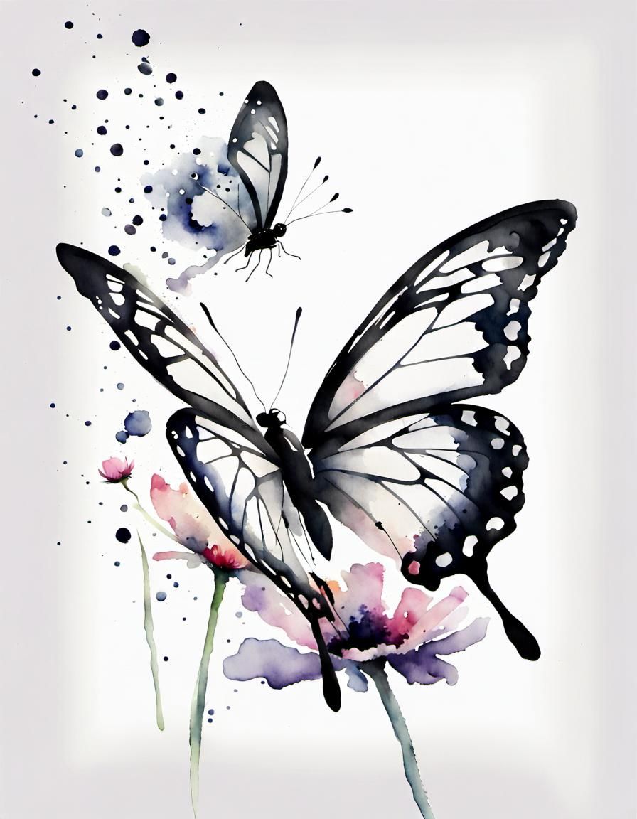 flower (( black & white )) butterfly flying to land (( watercolor ))