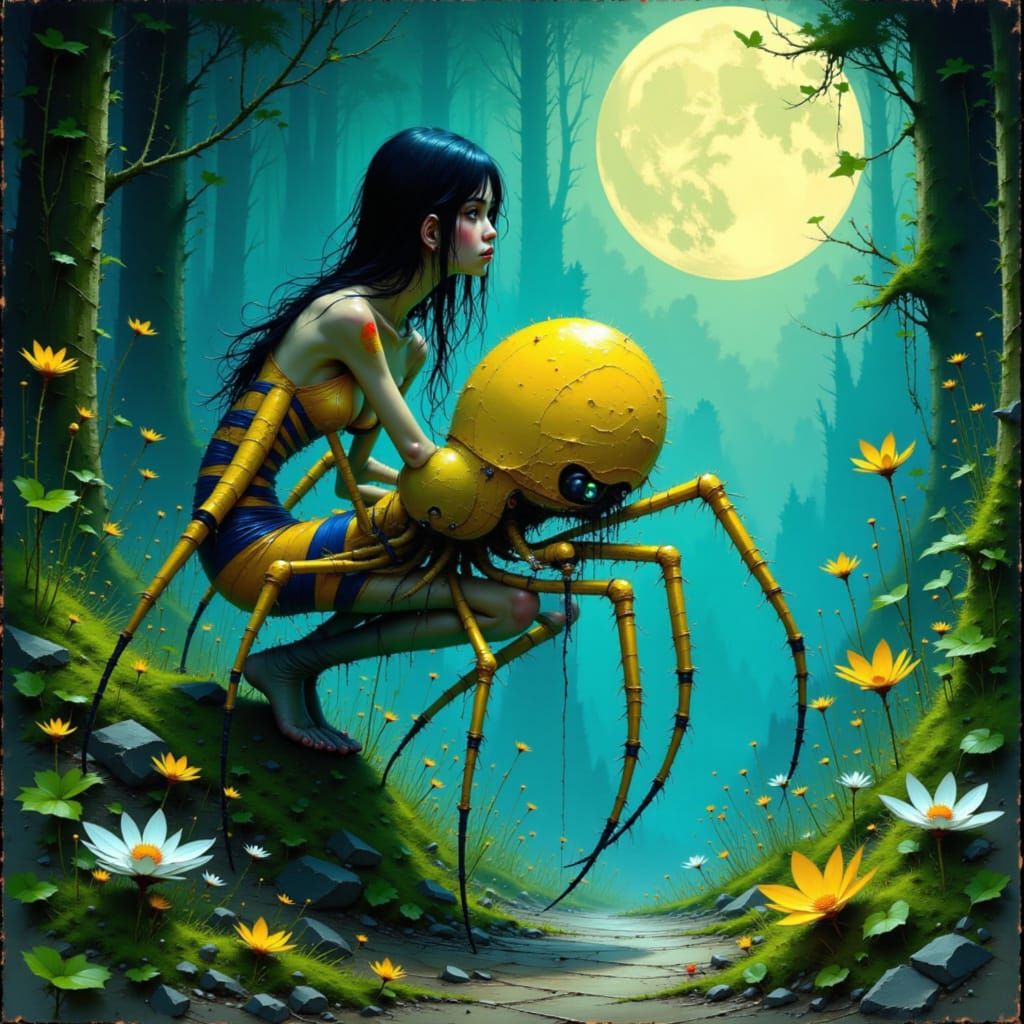 Jorōgumo Spider in Moonlit Forest, Dreamy Art Style