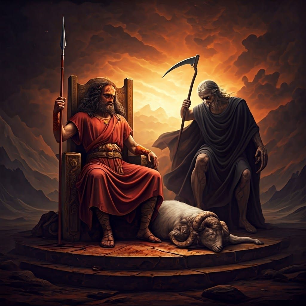 Mars Seated on Throne with Spear and Saturn Fleeing with Dea...