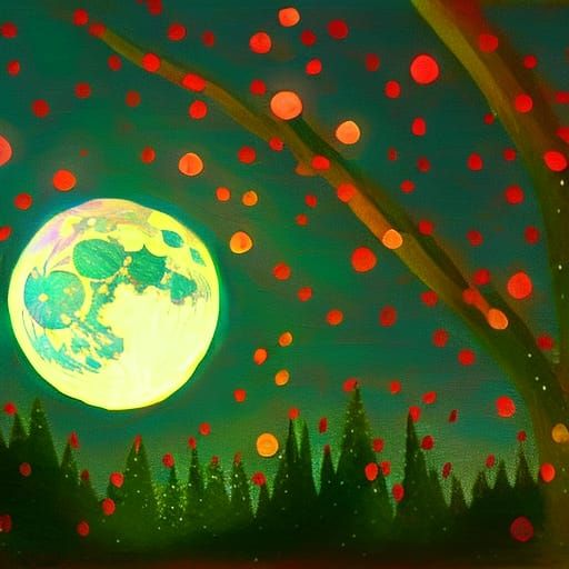 Enchanted Forest: Woodblock Print Under Moonlight