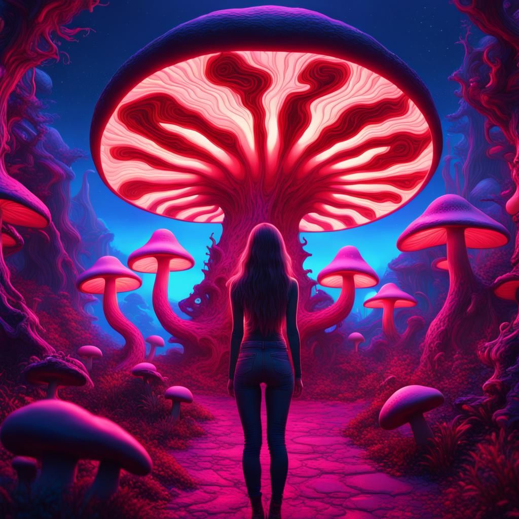 Psychedelic Black Light Fantasy: Woman, Dragon, and Space