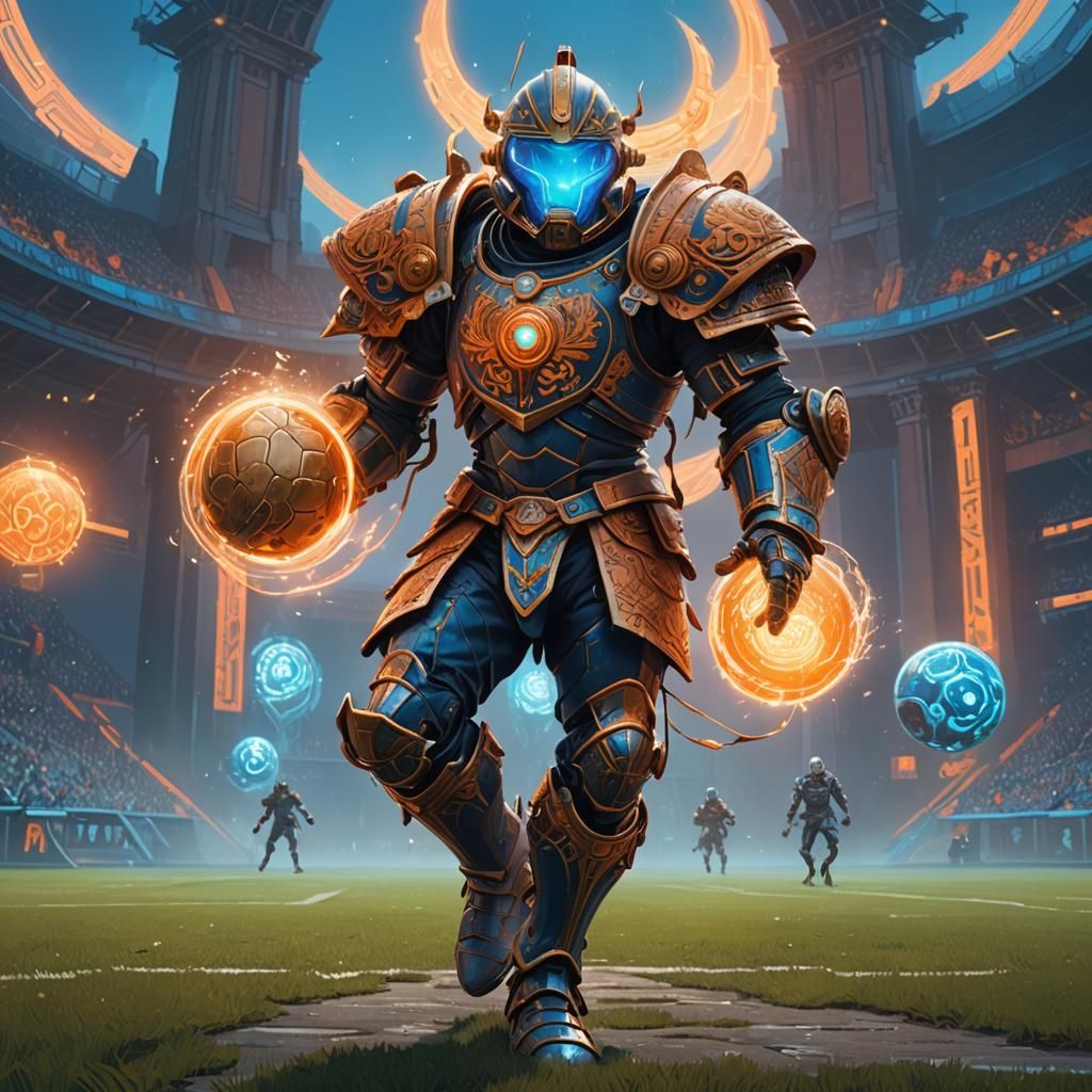 Armored Football Player in Mystical Stadium: Digital Art