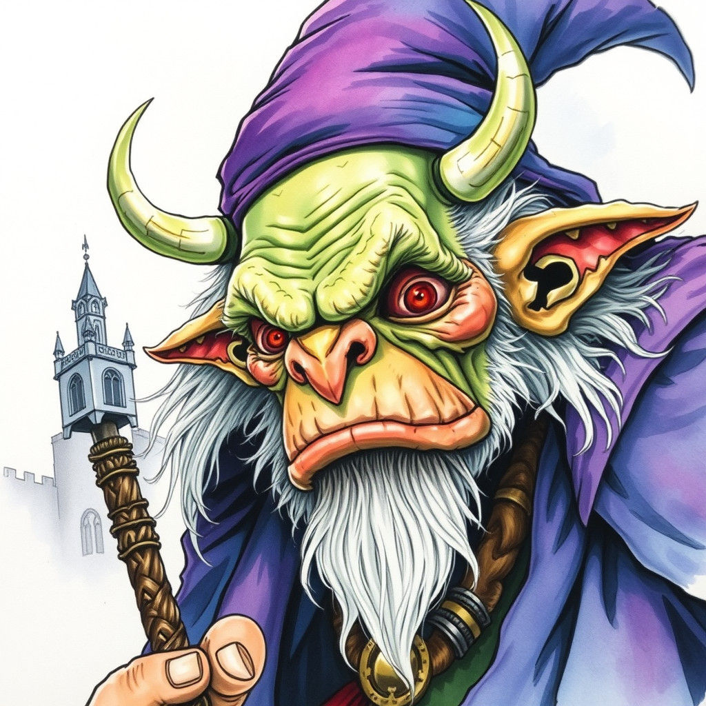portrait. troll. wizard. eldritch. university. Watercolor with ink pen outline. fantasy art. Josh Kirby. stunning. incre...