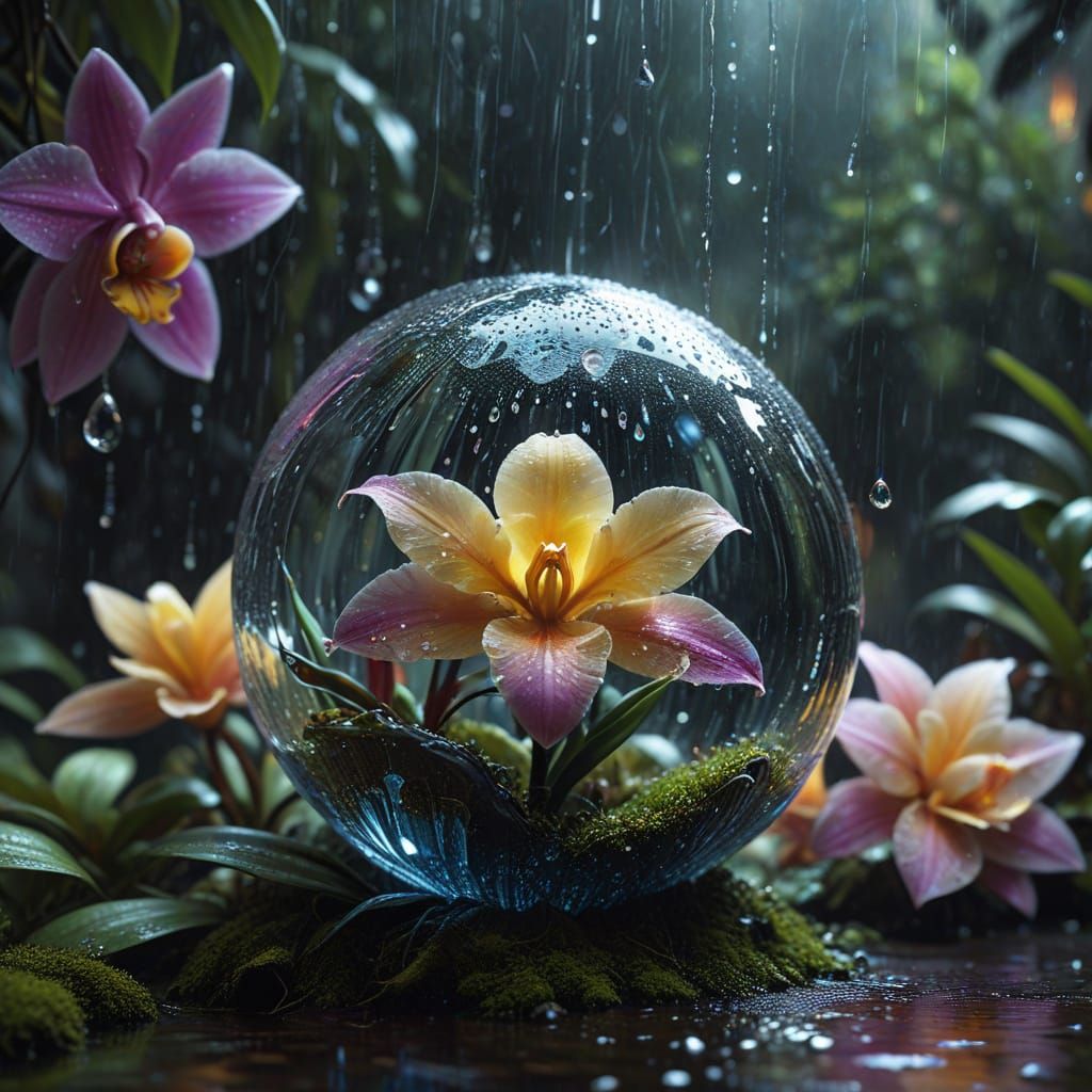 Raindrop Reflecting Japanese Garden on Orchid Flower