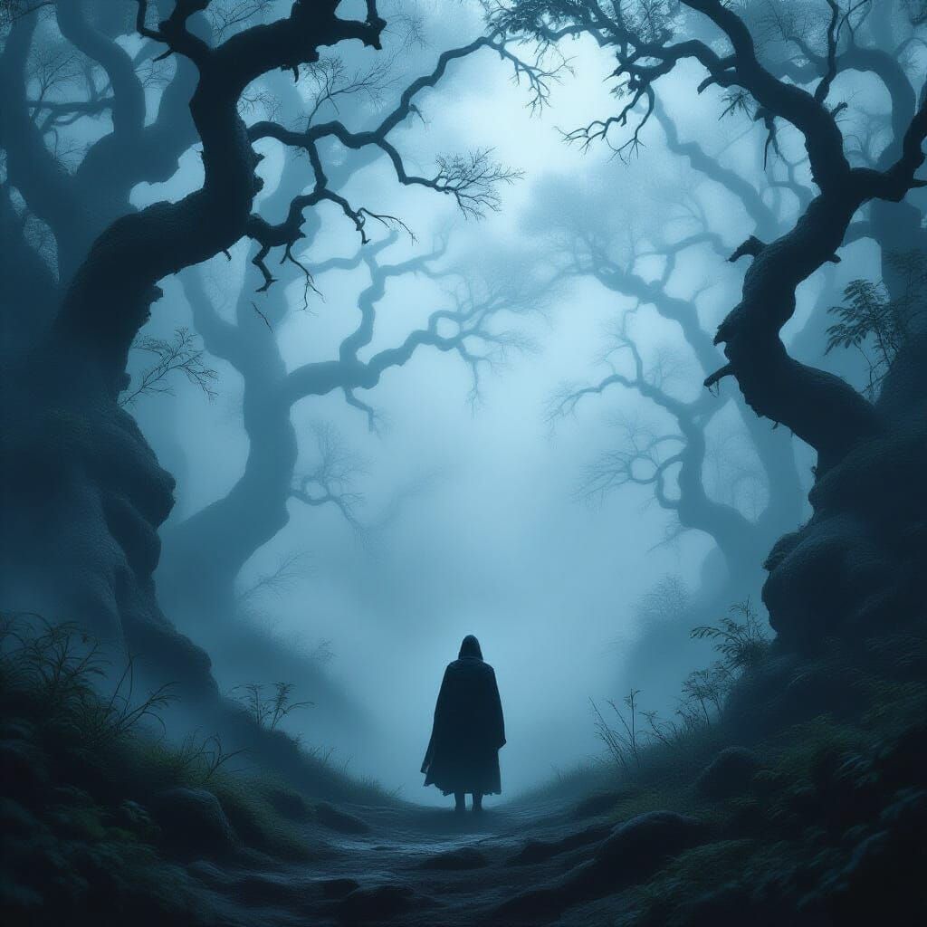 Solitary Traveler in Foggy Forest Matte Painting