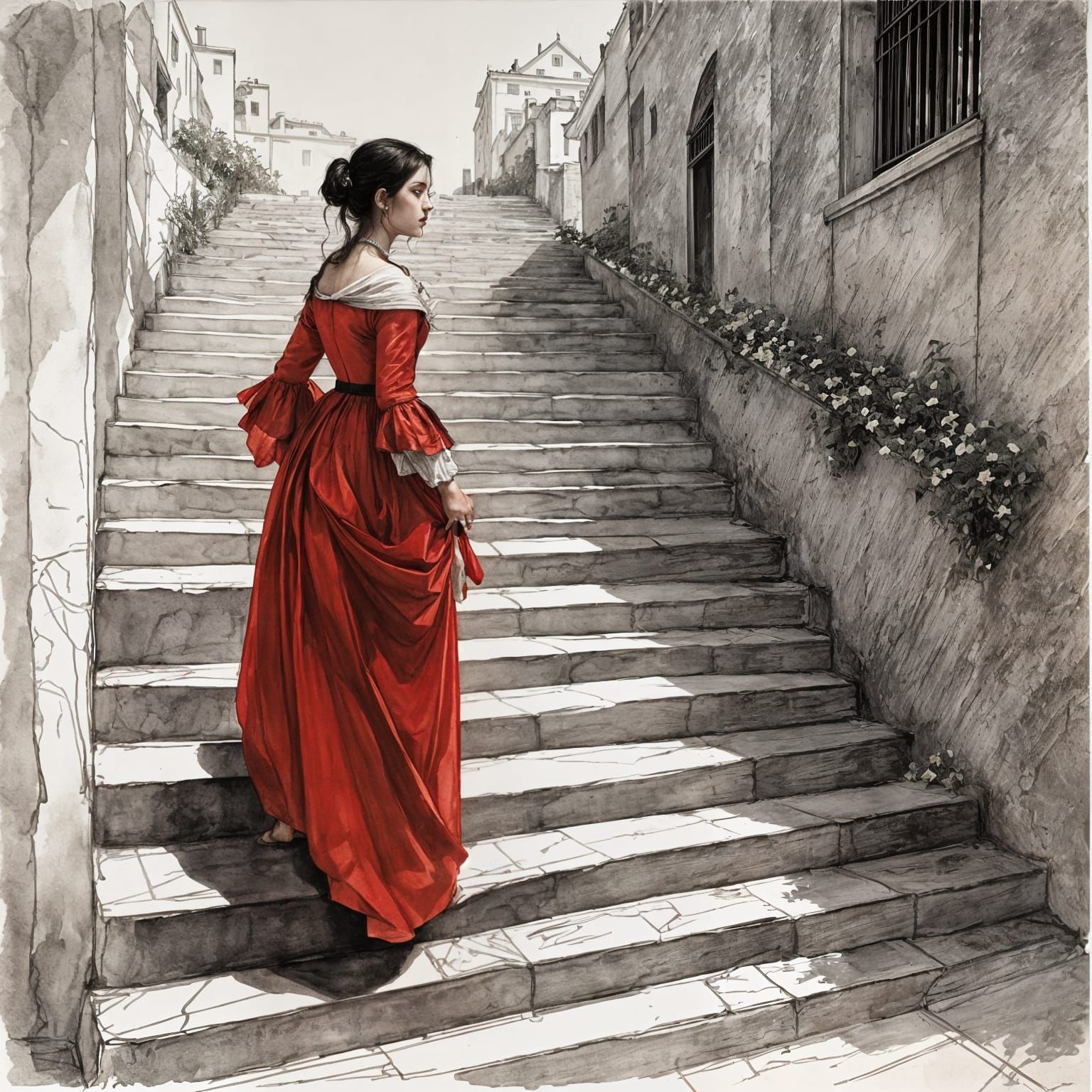 Medieval Girl in Red Gown on White Stairs