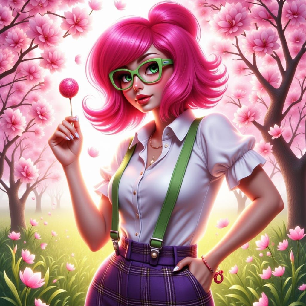 Nerdy Woman with Pink Hair in Cherry Blossom Field