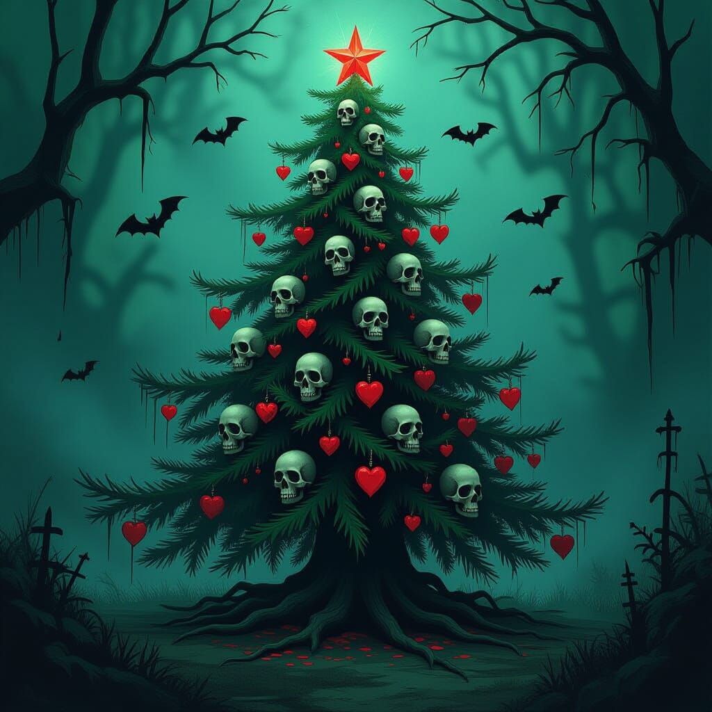 Eerie Christmas Tree with Skull Ornaments and Bats
