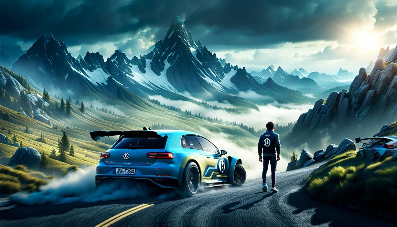 Boy Watches Volkswagen Rally in Misty Mountains