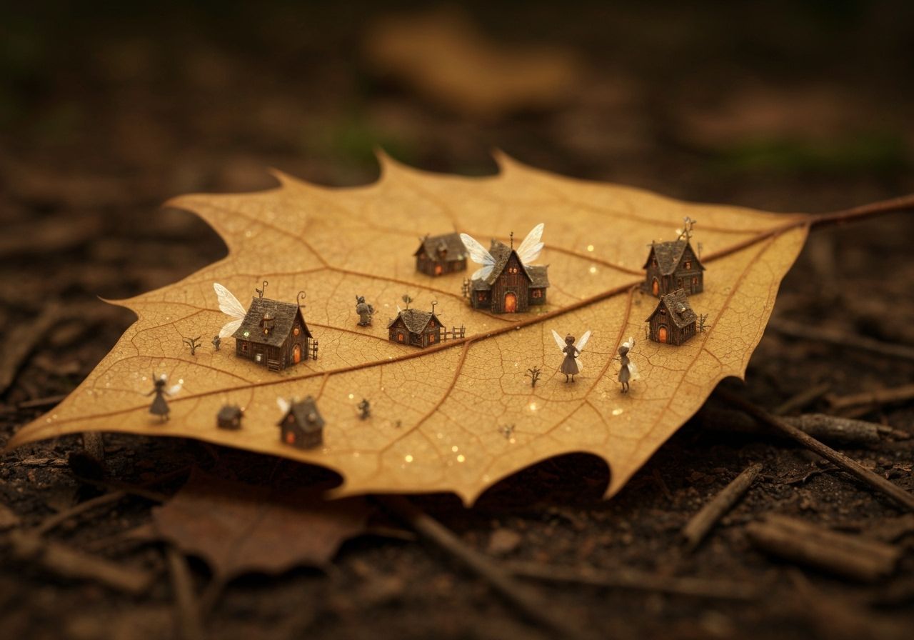 Autumn Fairy Village on a Single Leaf