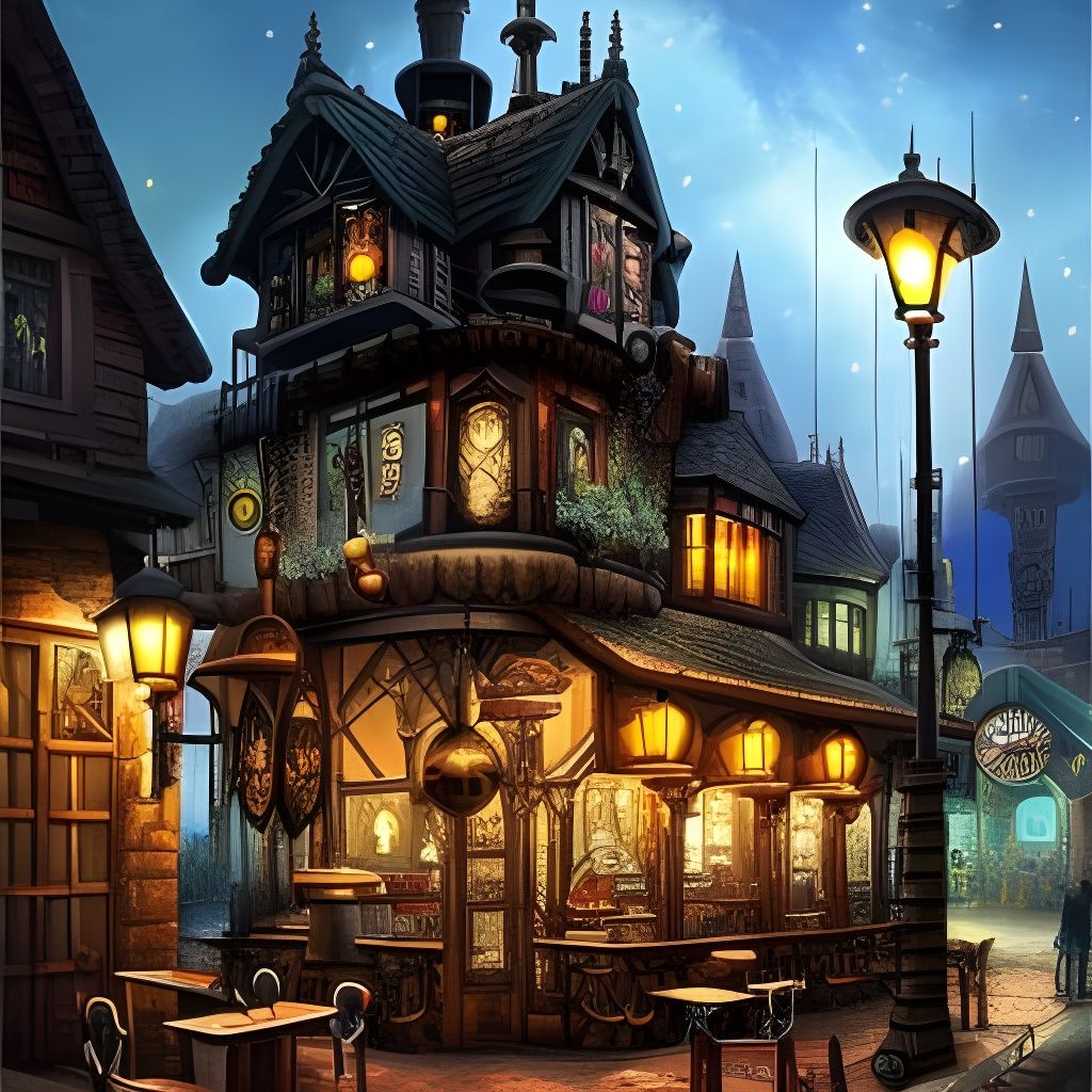 Steampunk Village Inn with Rainbow Smoke and Castle Towers