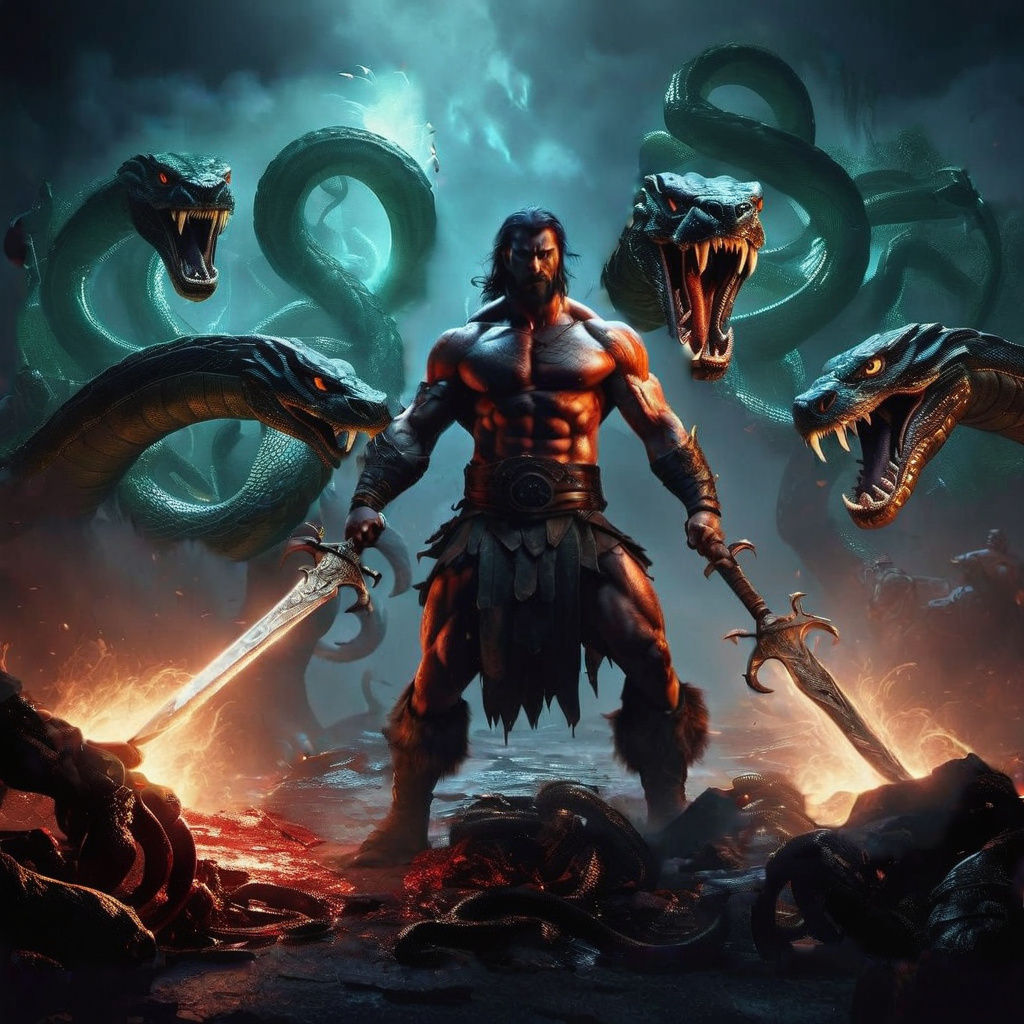 Epic Battle of Hercules vs the Hydra in Dark Fantasy Style