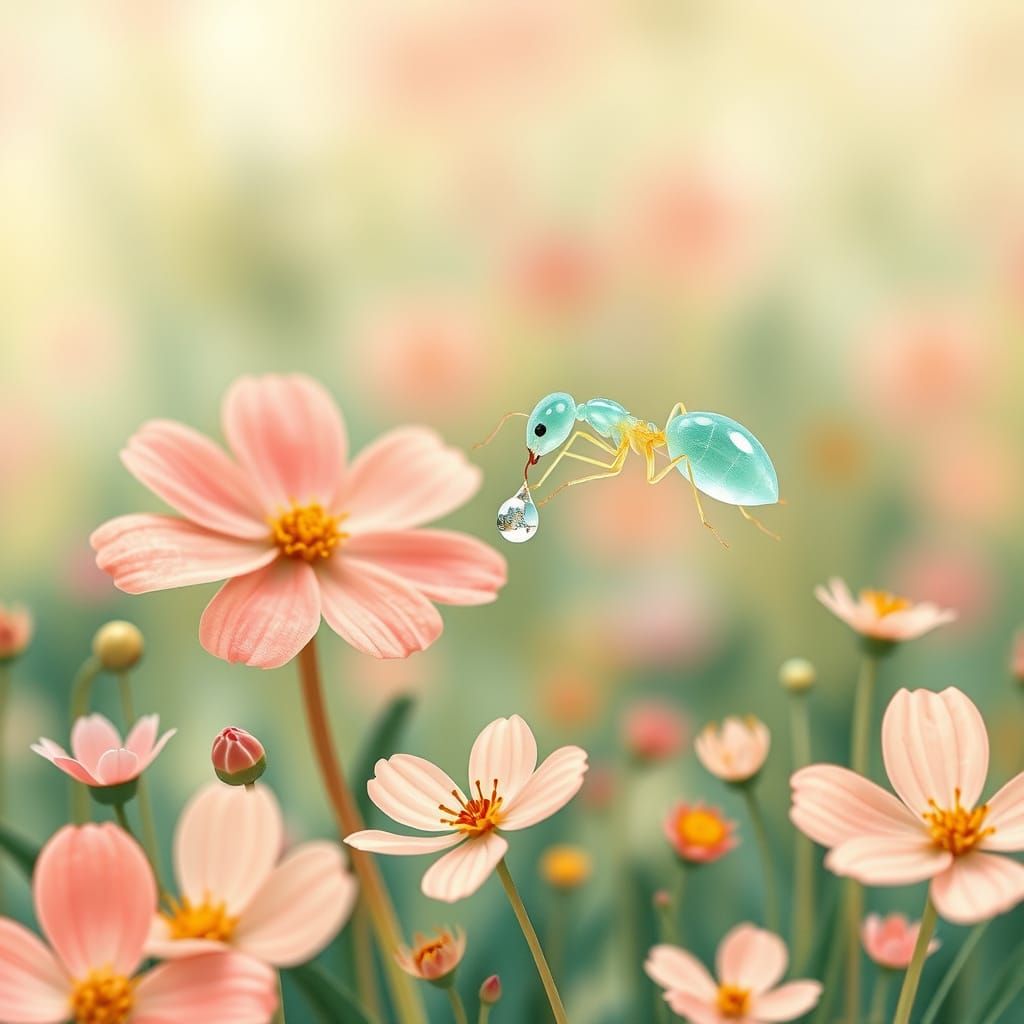 Luminous Jade Ant Amidst Vibrant Wildflowers in Soft Pastel ...
