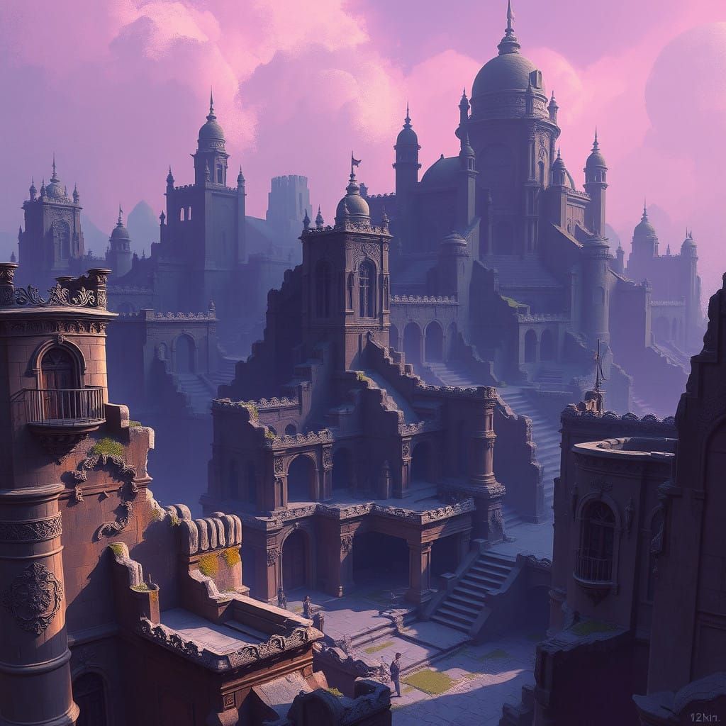Ancient Cityscape in Mystic Plum-Purple Hues