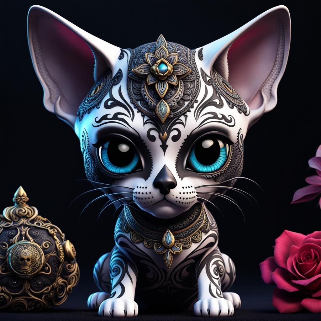 Gothic Chibi Sugar Skull Girl and Sphinx Cat