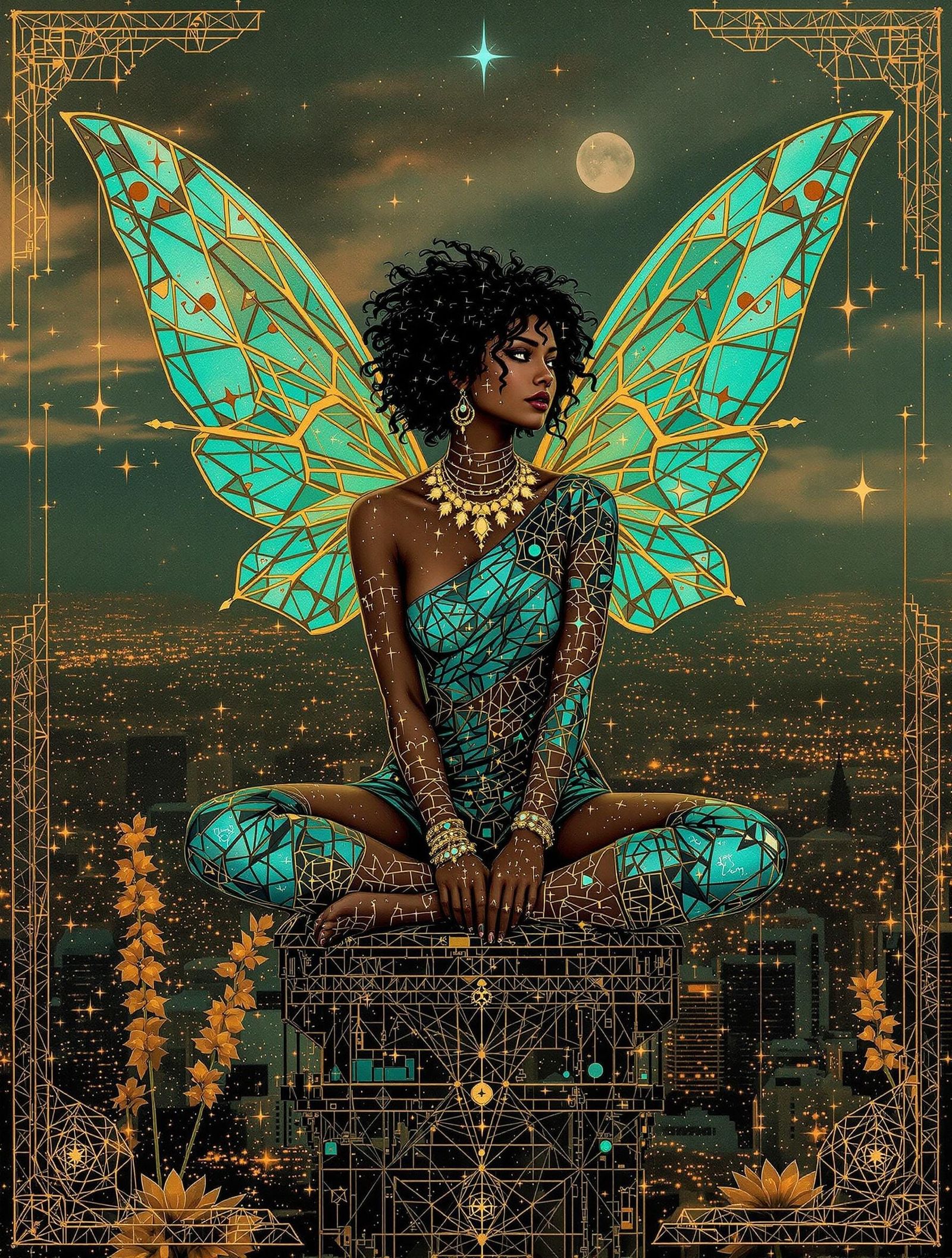 Cyberpunk Fairy Ascends Amidst Techno-Organic Landscape