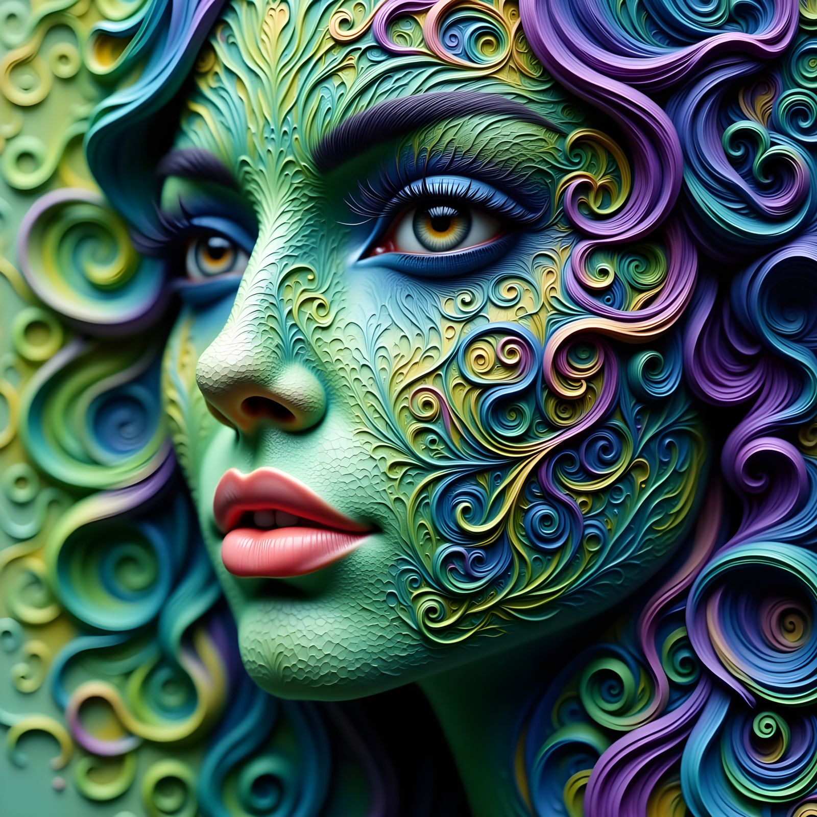 Surreal 3D Face in Swirling Zentangle Heavens